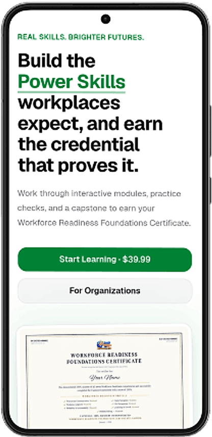 The Power Skills app on a phone, headed “Build the Power Skills workplaces expect, and earn the credential that proves it”, with a “Start Learning - $39.99” button